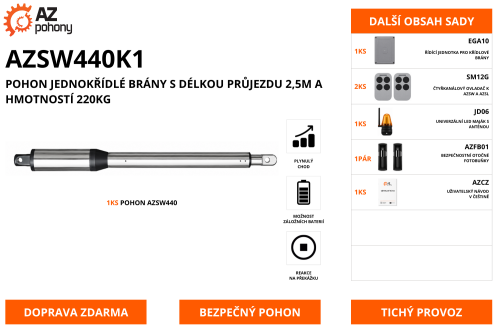 AZSW440K1 - pohon jednokřídlé brány s délkou průjezdu 2,5m a hmotností 220kg